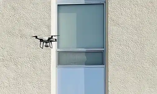 Drone capturing close-up inspection imagery of a dormitory’s precast exterior wall and window